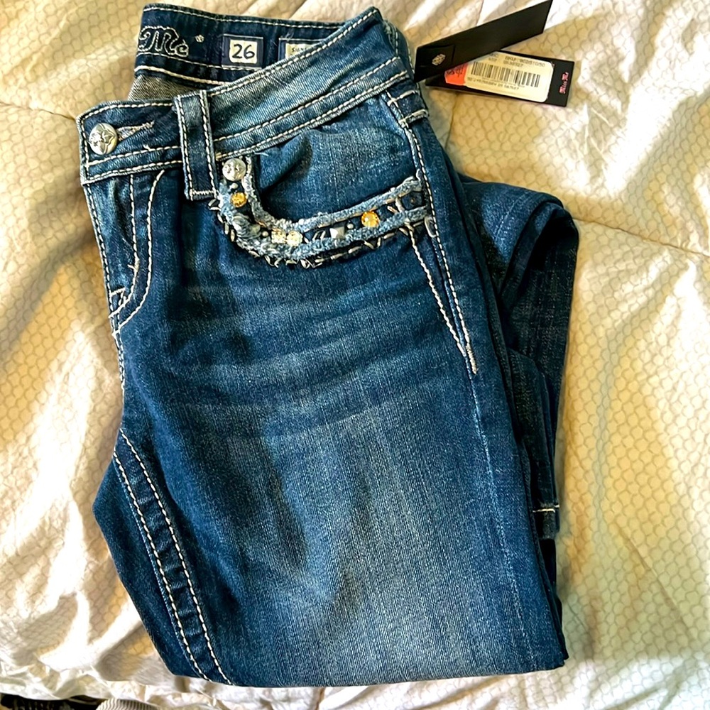 MissMe brand new signature boot cut embellished jeans size 26!